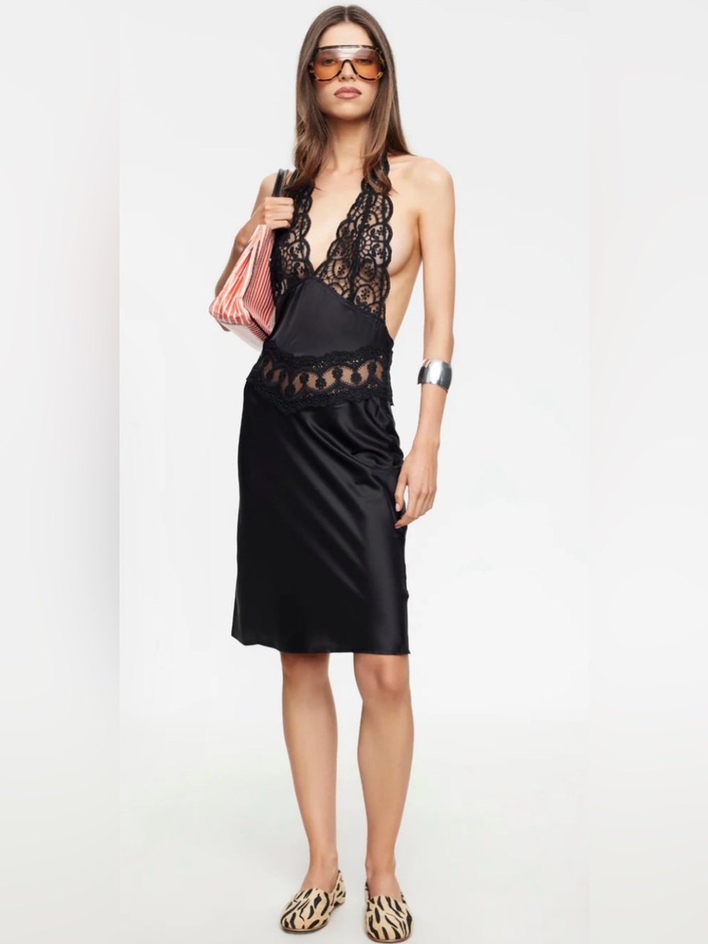 Lioness Black Satin Backless Slip Dress with Lace Trim